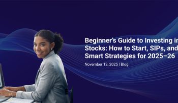 Smiling woman working on a laptop displaying stock market charts — beginner’s guide to stock investing blog cover image.